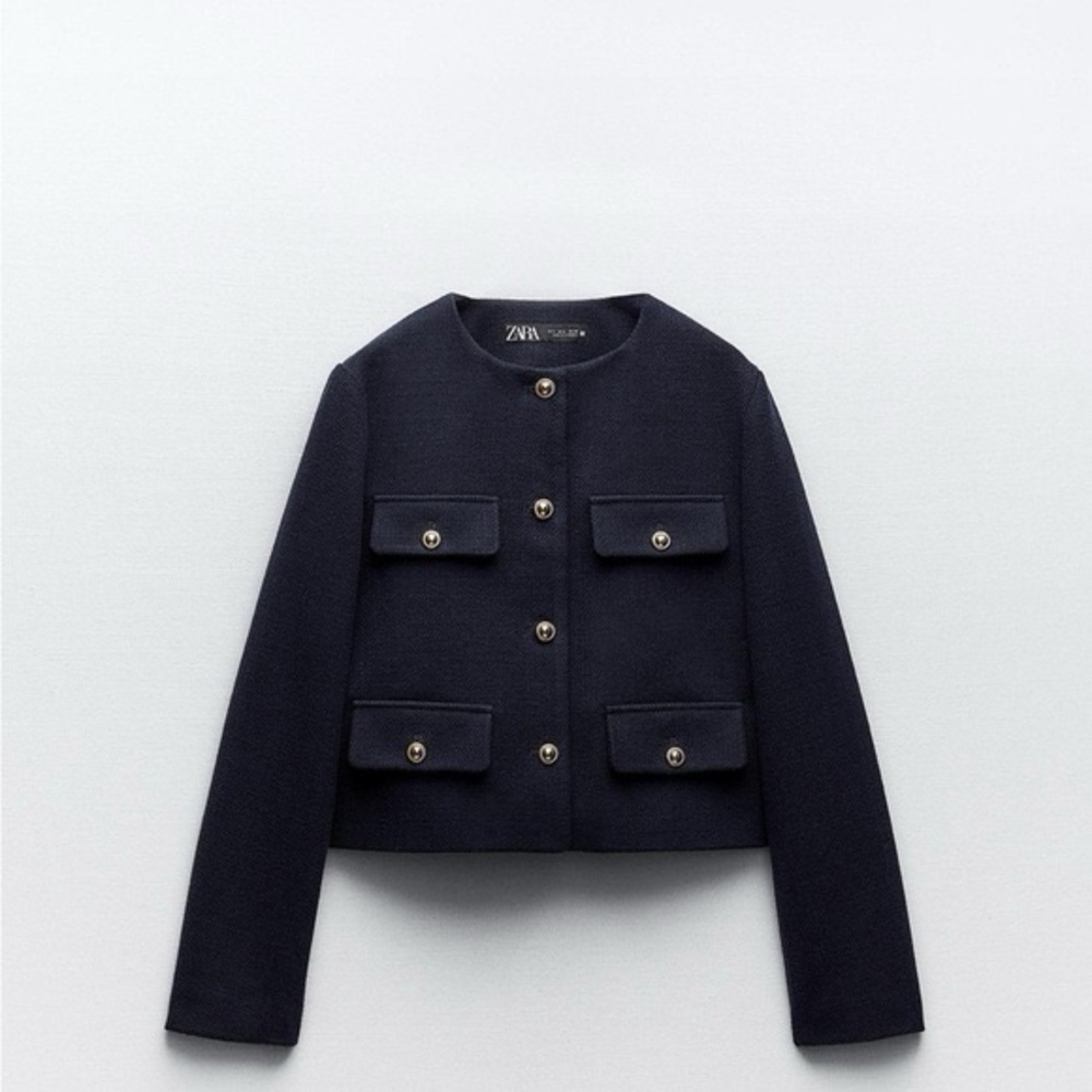 Zara XS Cropped Navy Old Money Jacket Gold Button Front Structured NWT
